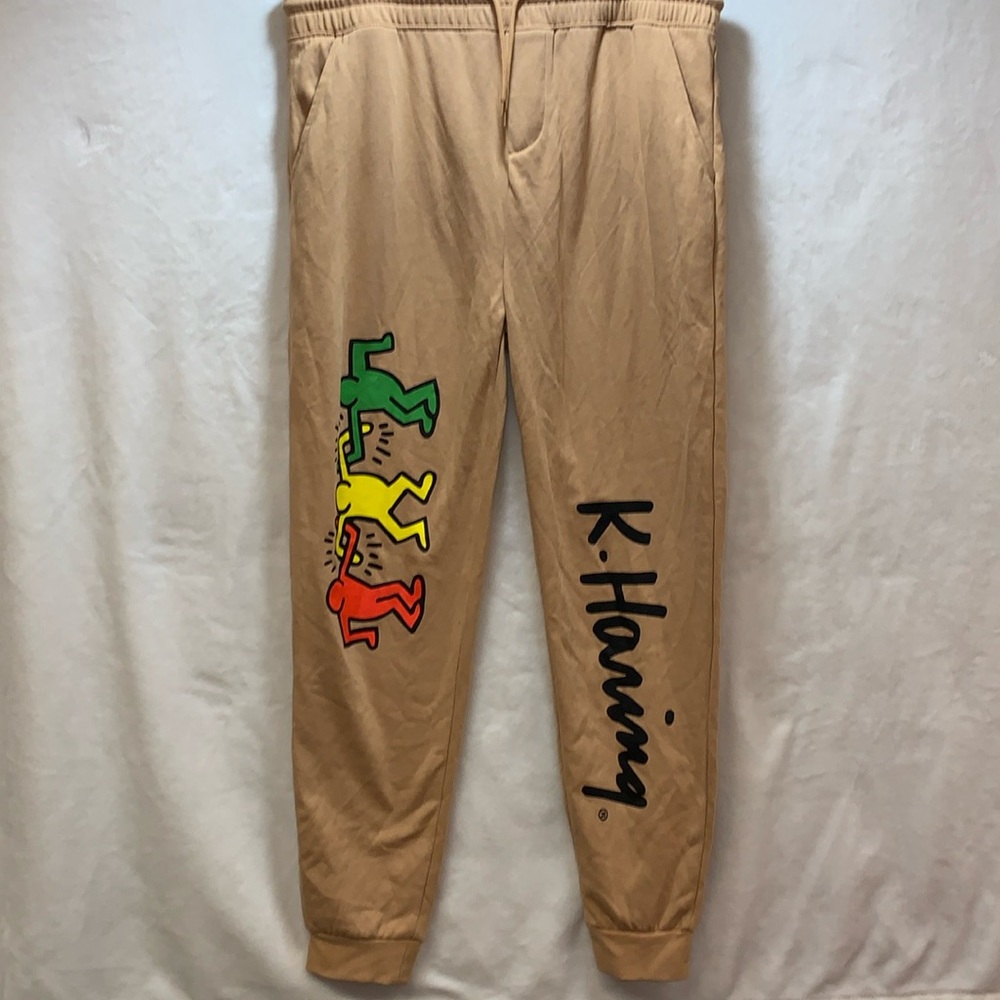 KEITH HARING Dancing People Sweatpants Tan Cotton Polyester Mix Mens Large *NEW*